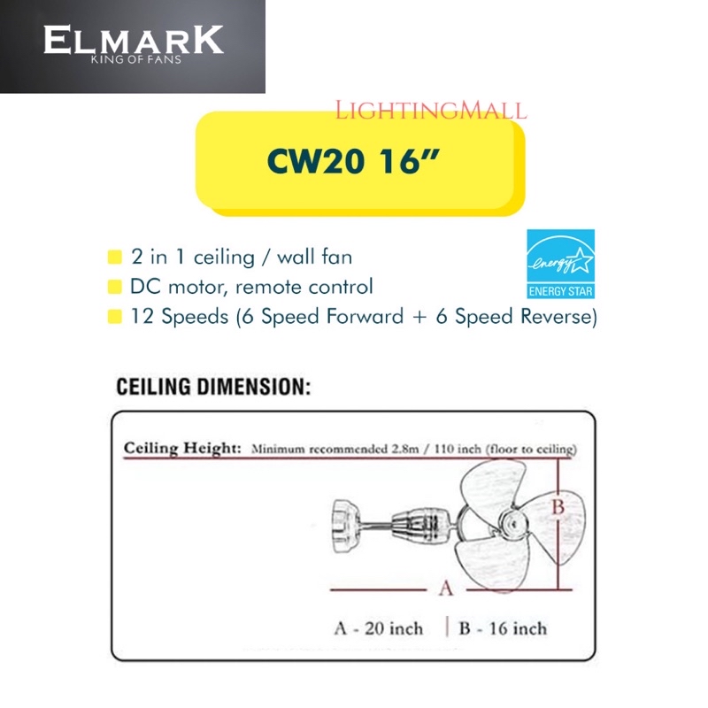 (NEW)Elmark CW20 16”inches DC Motor Remote Control Ceiling Fan/Kipas ...