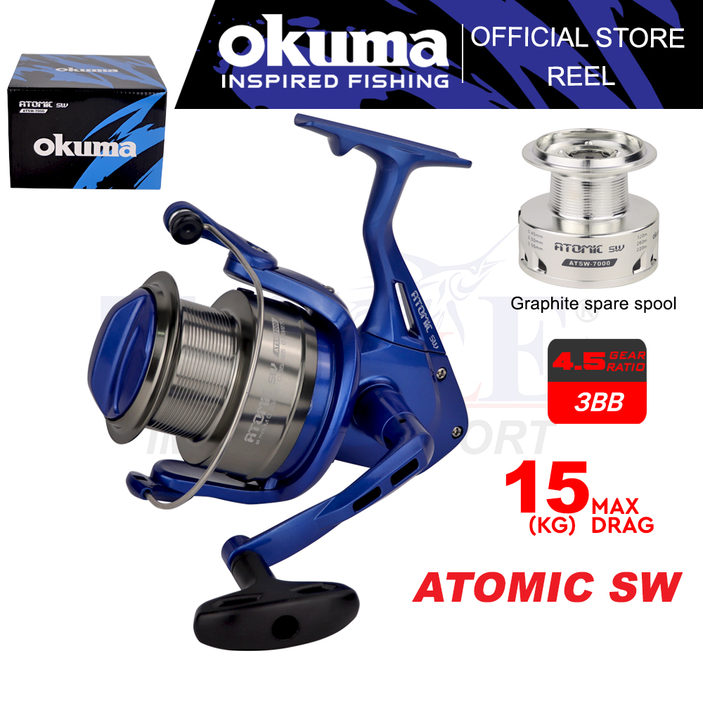 Okuma Atomic SW 7000 Spinning Fishing Reel (15kg Maxdrag) Saltwater With  Graphite Spare Spool