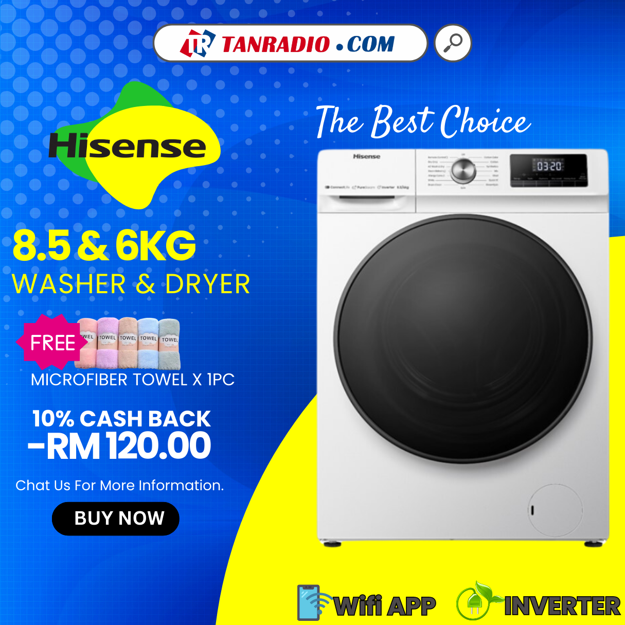 【Year End Promo + Free Shipping】Hisense 10.5kg/7kg,Inverter,Wifi,front