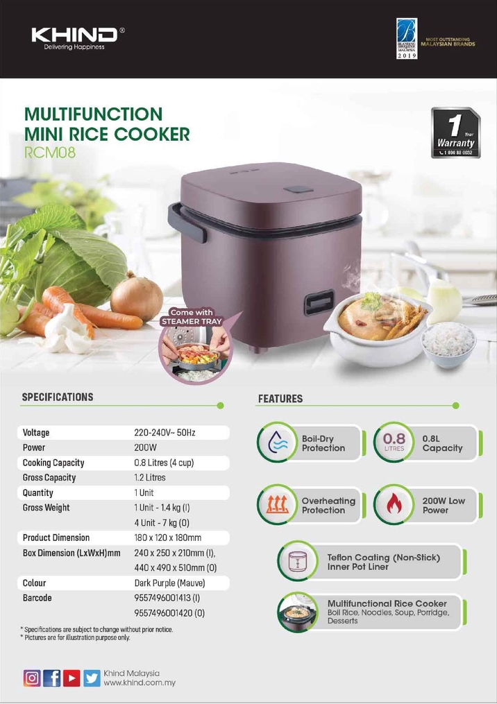 Khind Anshin Fuzzy Logic Jar Rice Cooker with Buffalo Inner Pot 1.8L ...