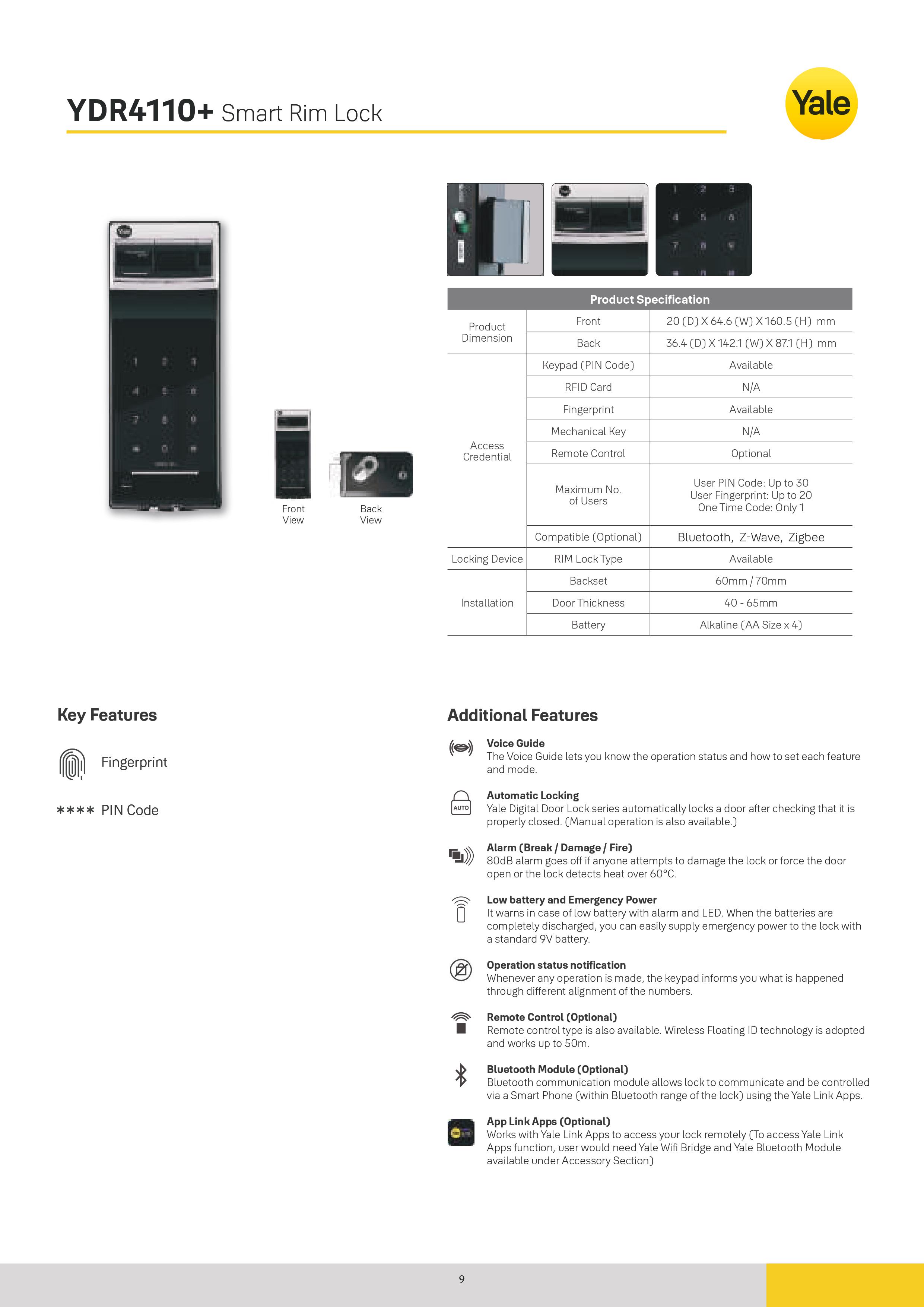 Yale YDR4110+ RIM Smart Door Lock Fingerprint/ PIN Code/ Bluetooth