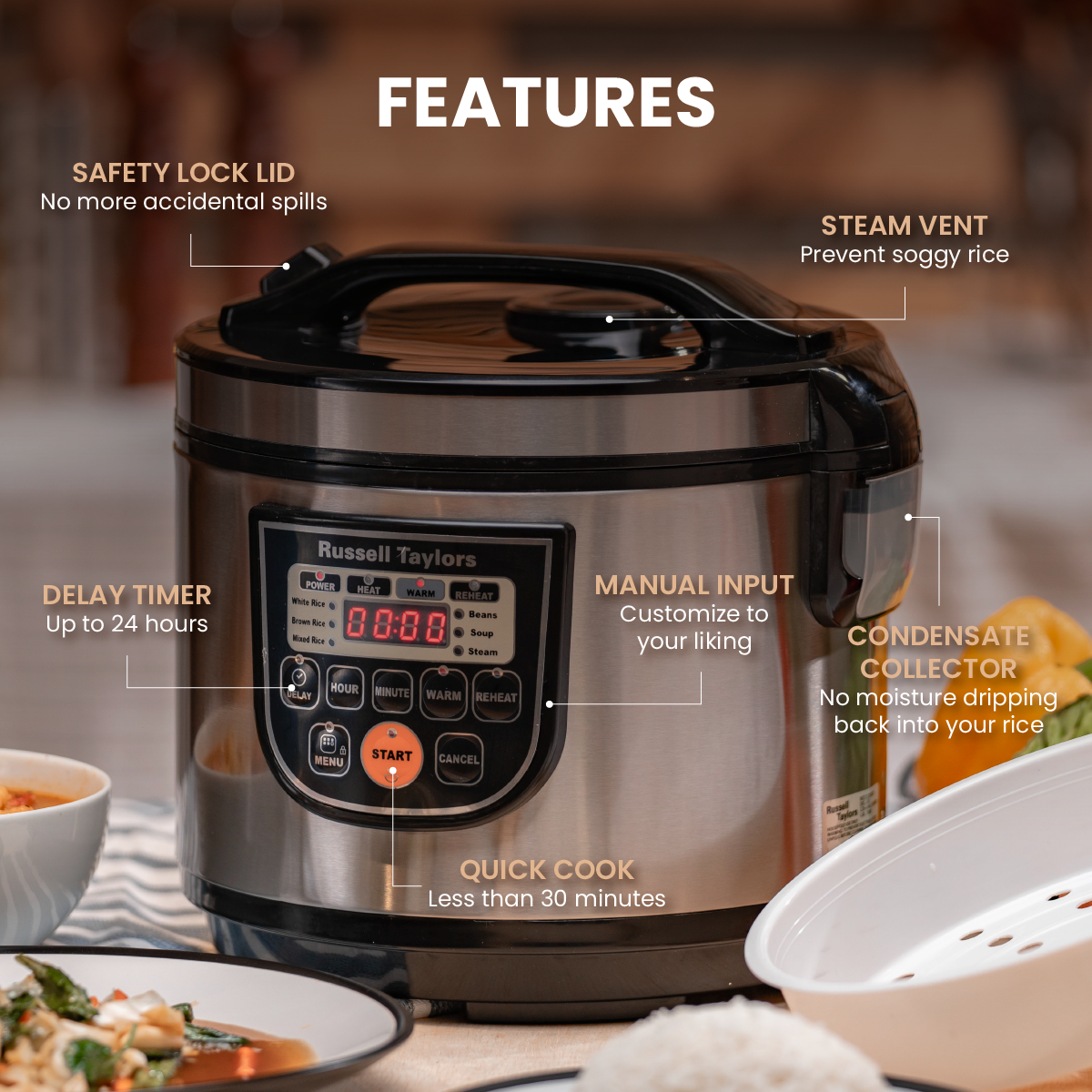 Russell Taylors Fuzzy Logic Smart Rice Cooker Steam Rack Included (1.8L