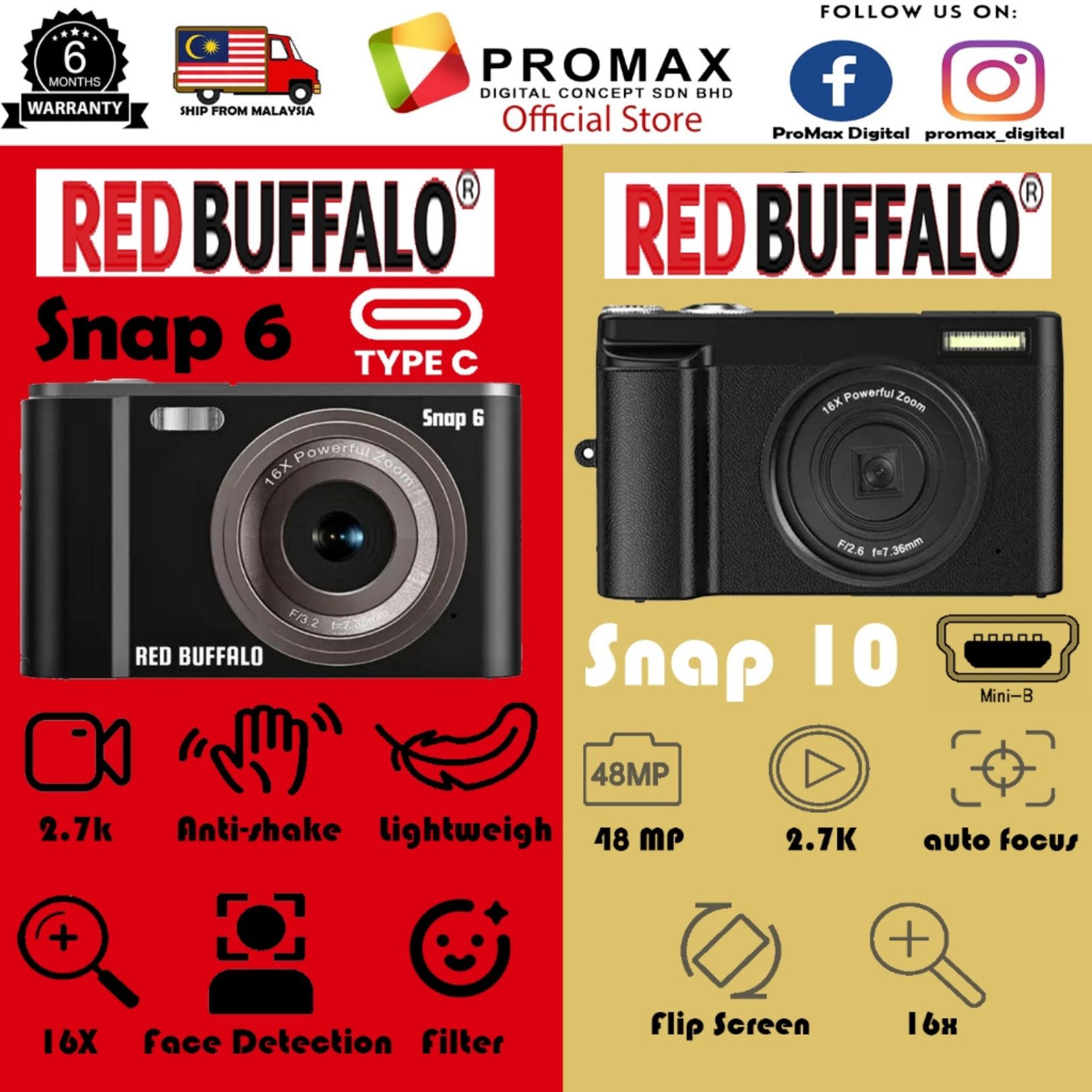 New! Red Buffalo Snap 6 & 10 Digital Camera 2.7K 1080P HD Compact ...