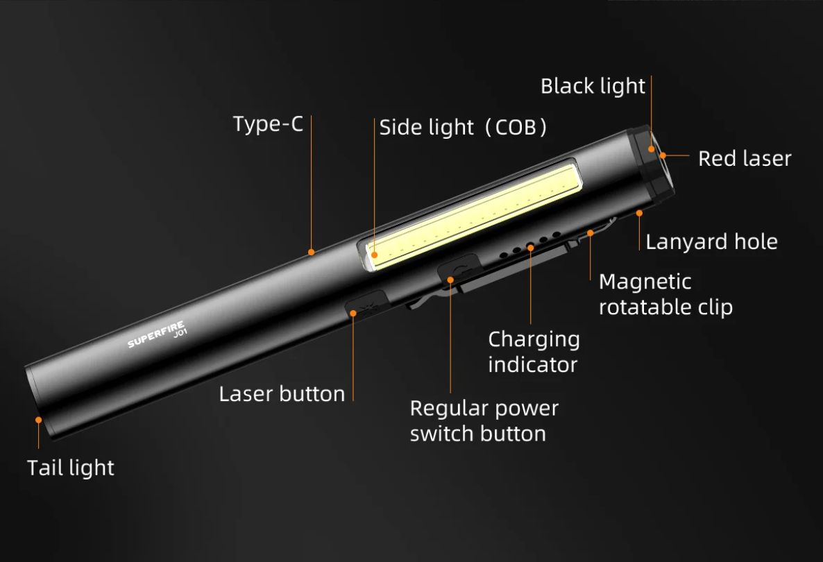 SUPERFIRE J01 Mini Flashlight & Laser Pointer 4 in 1 (UV/LED/COB/RED ...