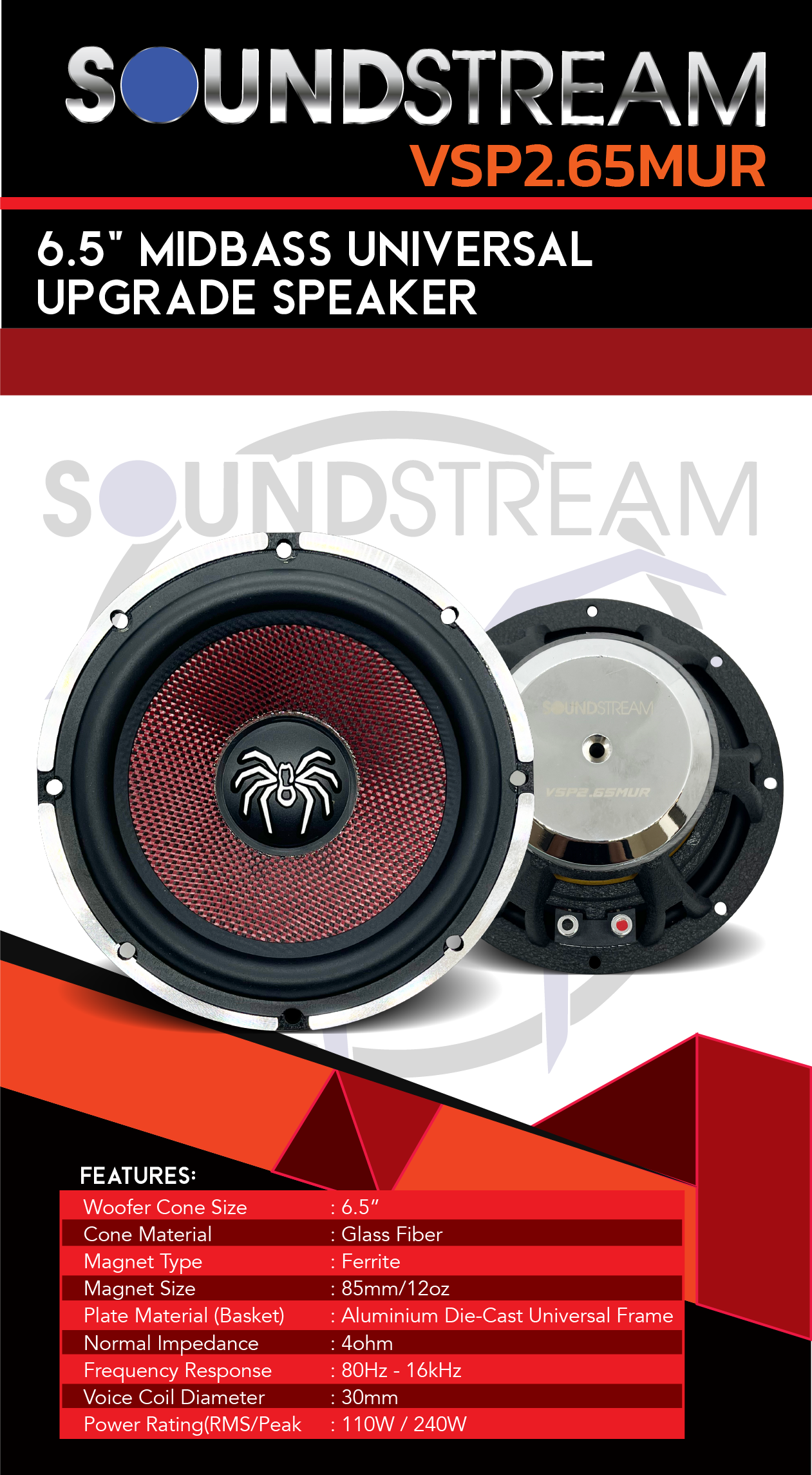 SOUNDSTREAM VSP2 Red Series Universal Midbass Plug & Play Speaker (6.5 ...