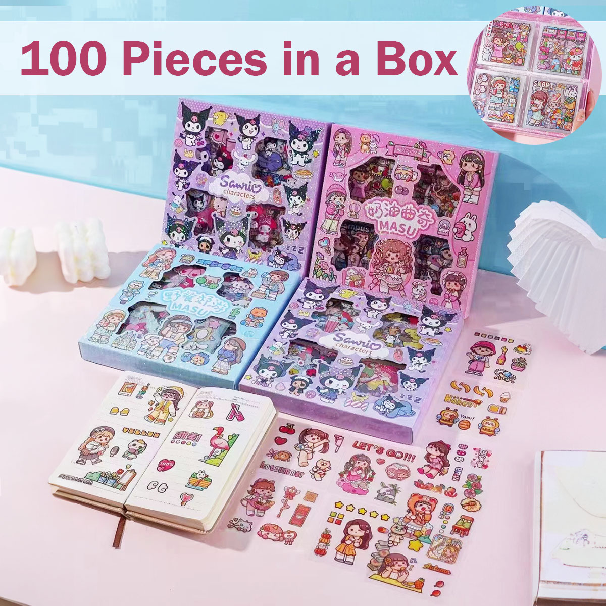 100 Sheets Box Baby Kid Waterproof Sticker PET DIY Journal Sticker Deco ...