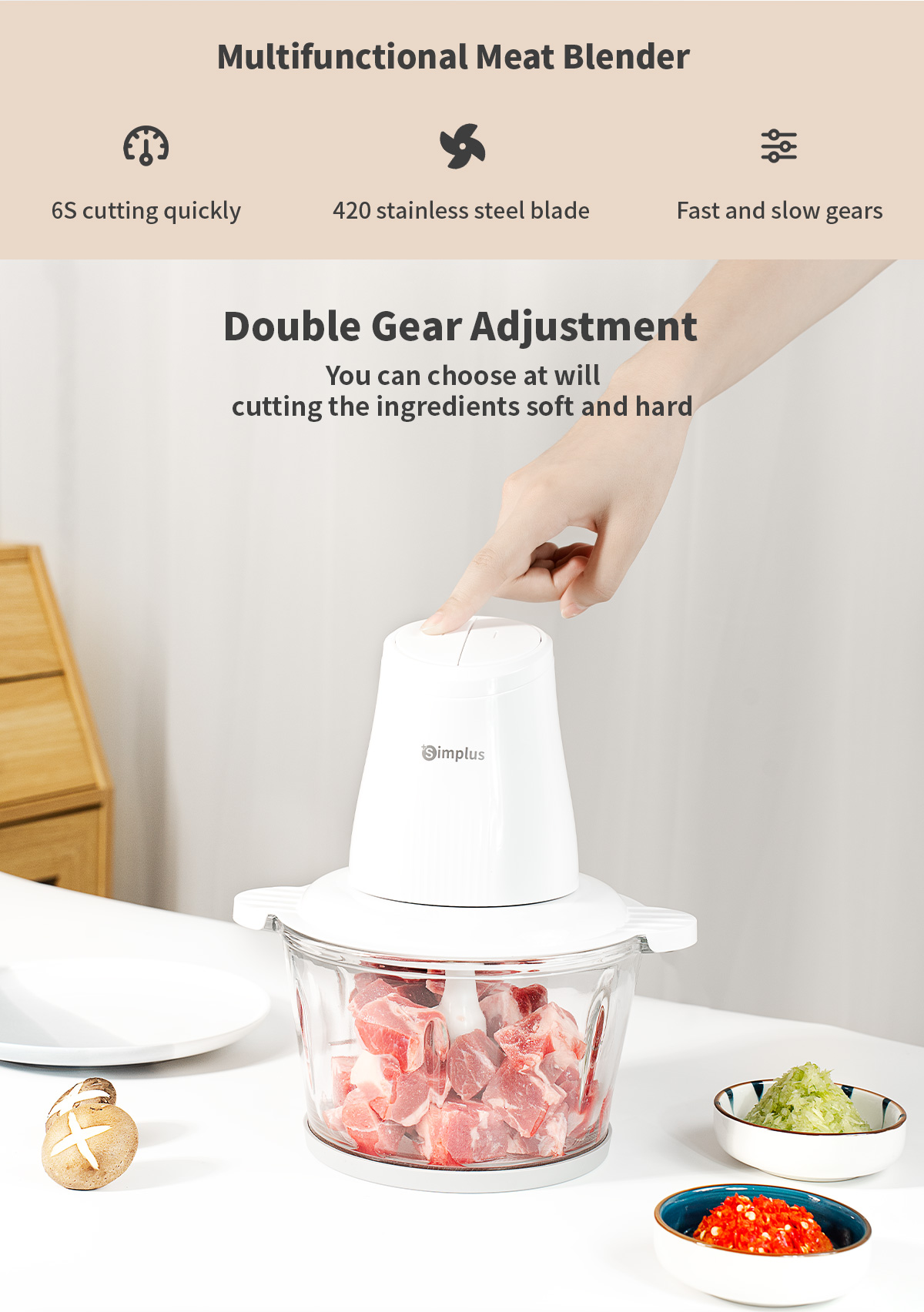Simplus Food Processor 2L Large Capacity 300W Powerful Motor Meat ...