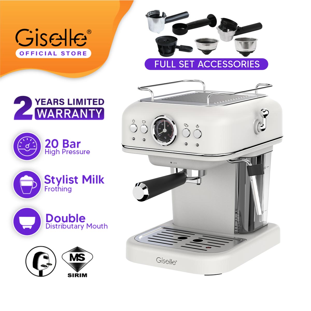 20 Bar Giselle 1.0L Espresso Automatic Retro Series Coffee Machine ...