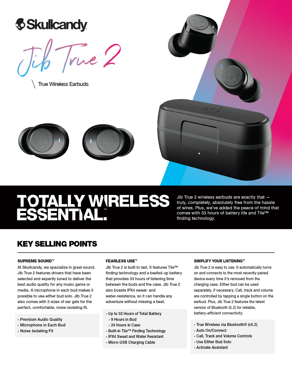 Skullcandy Jib True 2 True Wireless Earbuds Built in Tile