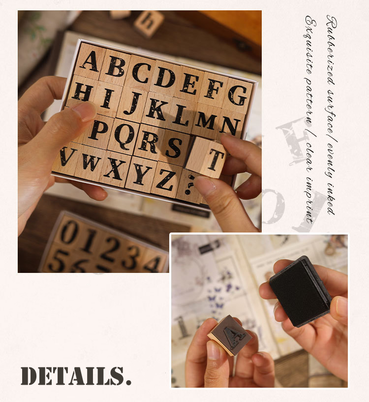 Retro Alphabets Letters Numbers Seal Vintage Wood Rubber Stamps Set DIY ...