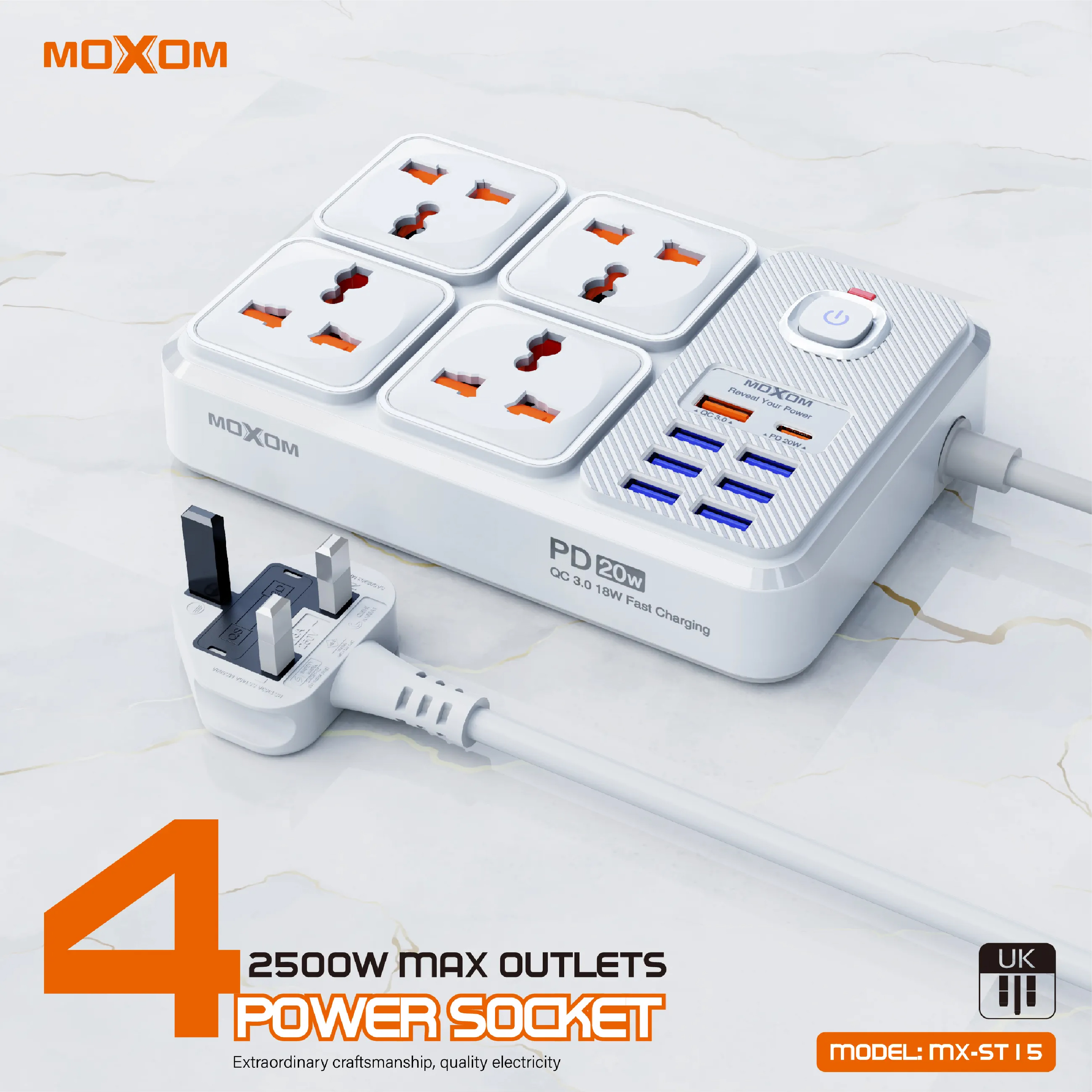 MOXOM MX-ST15 EXTENSION 4 POWER SOCKET + 7 USB + 1PD 20W USB C QC 18W ...