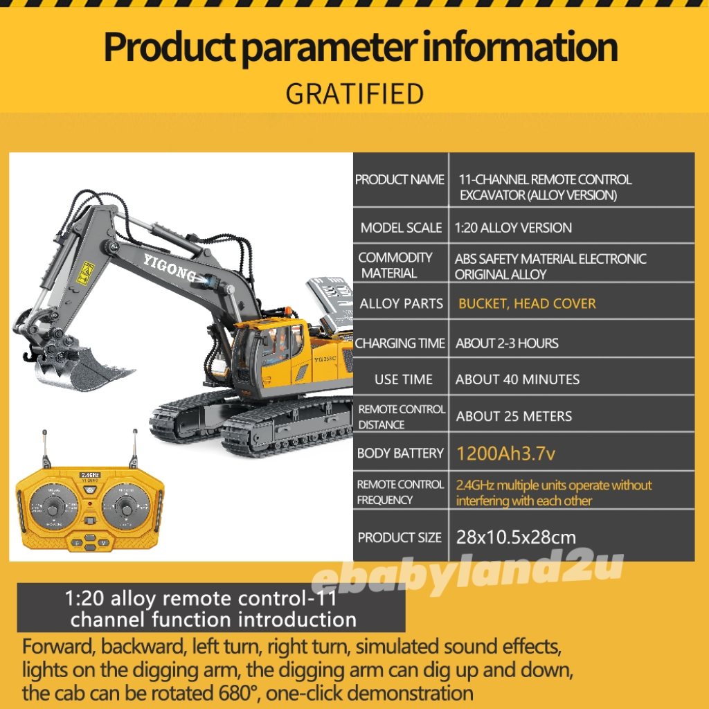 1:20 11Ch RC Excavator YIGONG 2.4Ghz Remote Control Construction Series ...