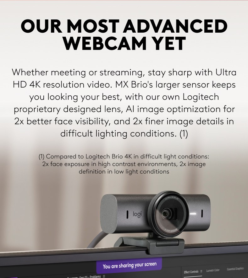 Logitech MX Brio Ultra HD 4K Collaboration and Streaming Webcam, 1080p ...