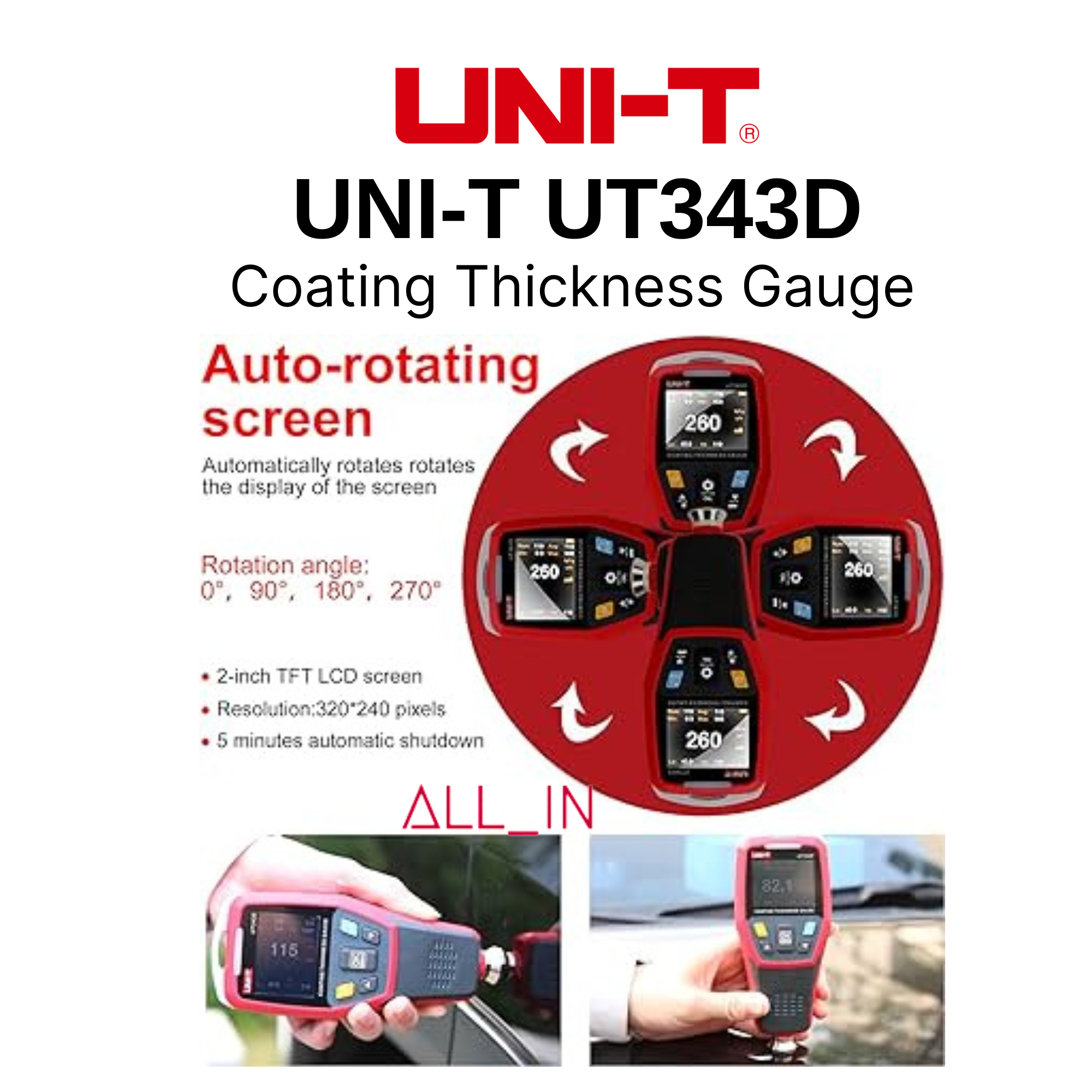 UNI-T UT343D Digital Paint Coating Thickness Gauge Meter 0 To 1250um F/N Probe E - Foto 3