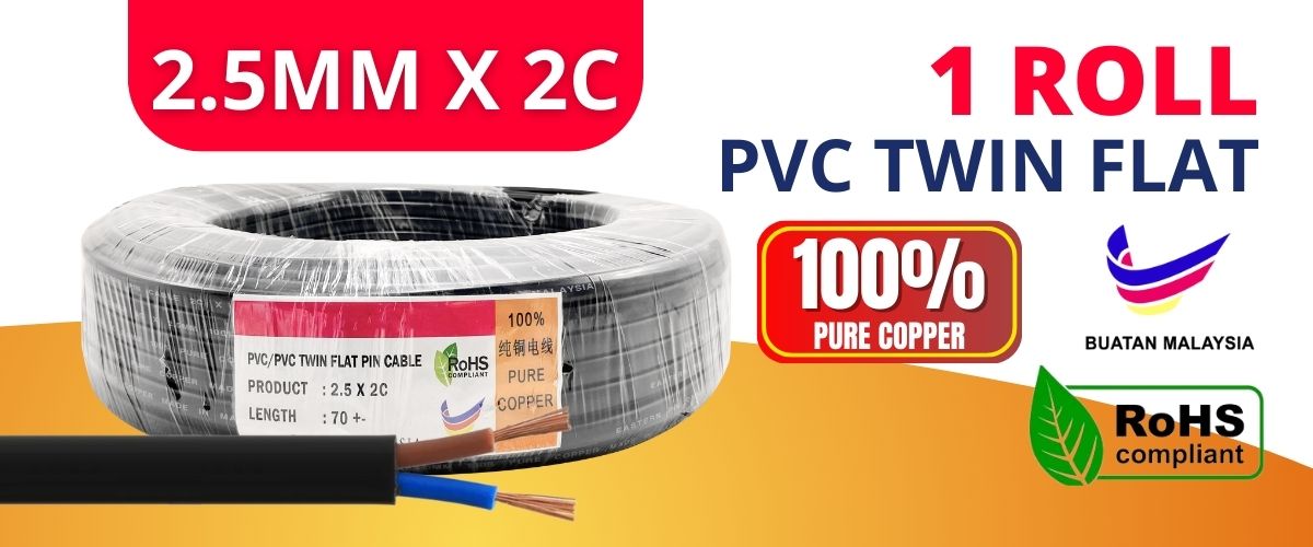 1 ROLL TWIN FLAT CABLE PIN WIRE 2.5 MM X 2C PVC/PVC SHEATHED CABLE WIRE ...