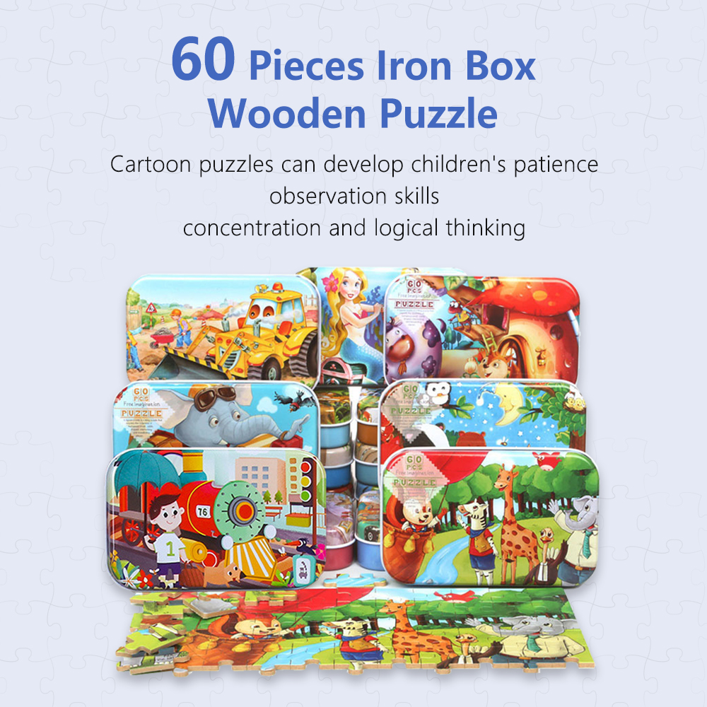 BEVAVAR 60Pcs Kids Wooden Puzzle Free Iron Box Early Learning Jigsaw ...