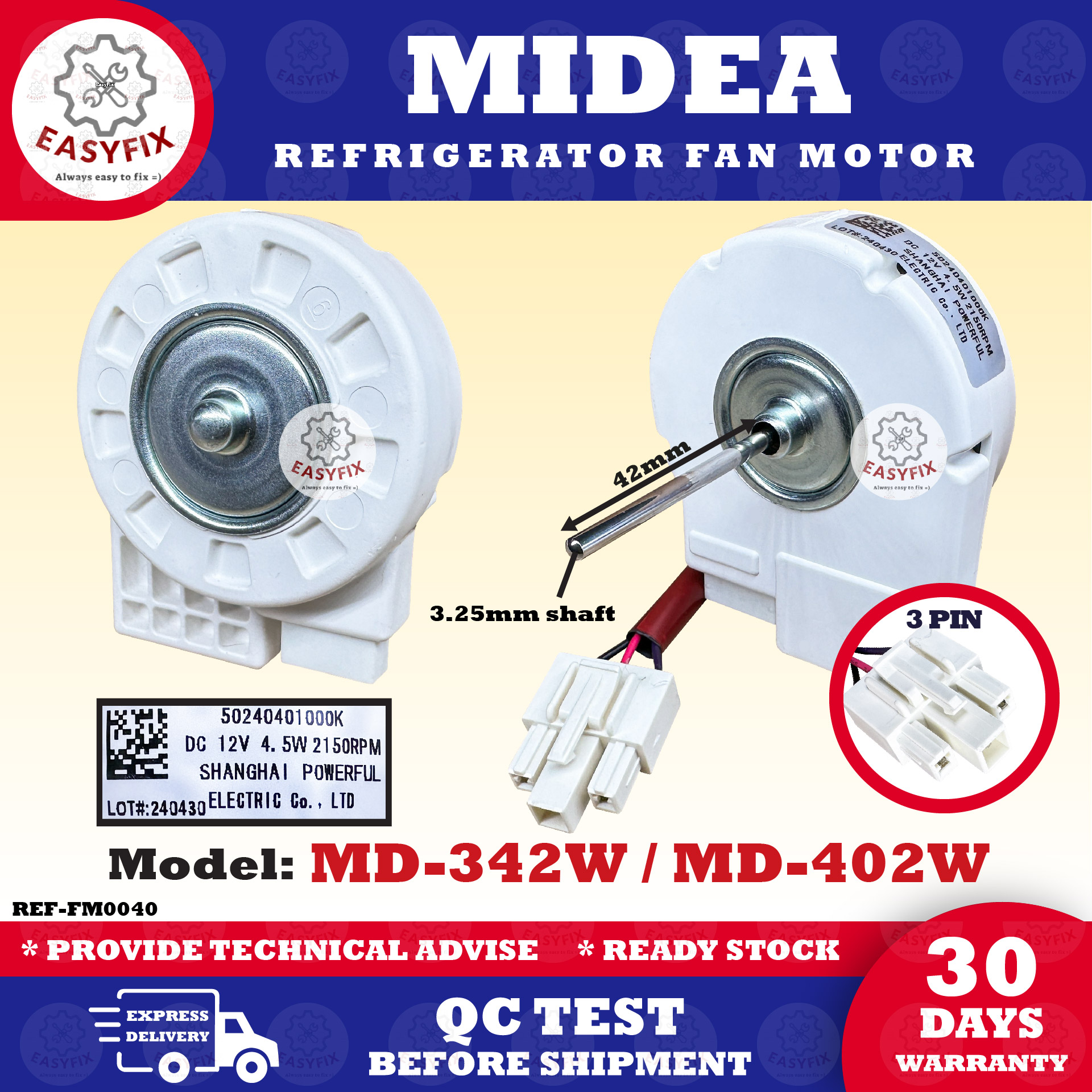 (DC12V) MD-342W / MD-402W MIDEA REFRIGERATOR FAN MOTOR 4.5W SHAFT 3 ...