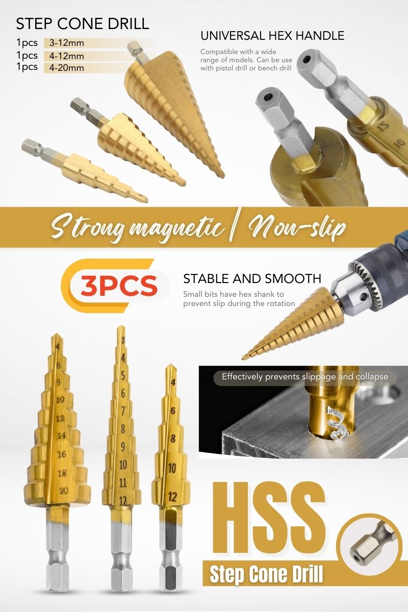 3PCS HSS Titanium-Coated Step Drill Bit Set Cone Drill Quick-Change Non ...