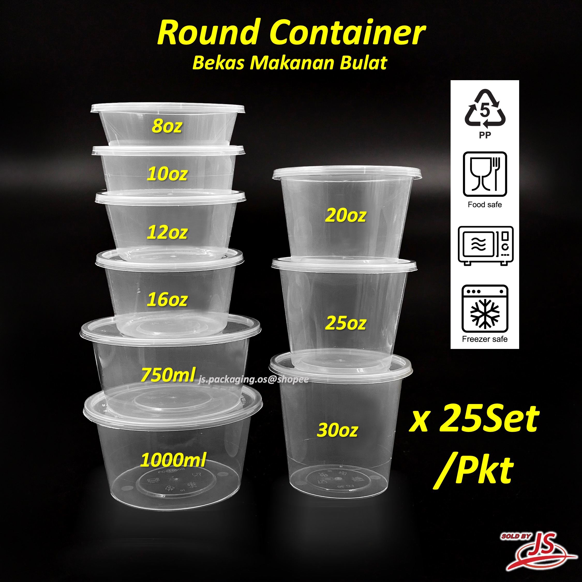 Round Container with Lid 25set Bekas Makanan Bulat 8oz/10oz/12oz/16oz ...