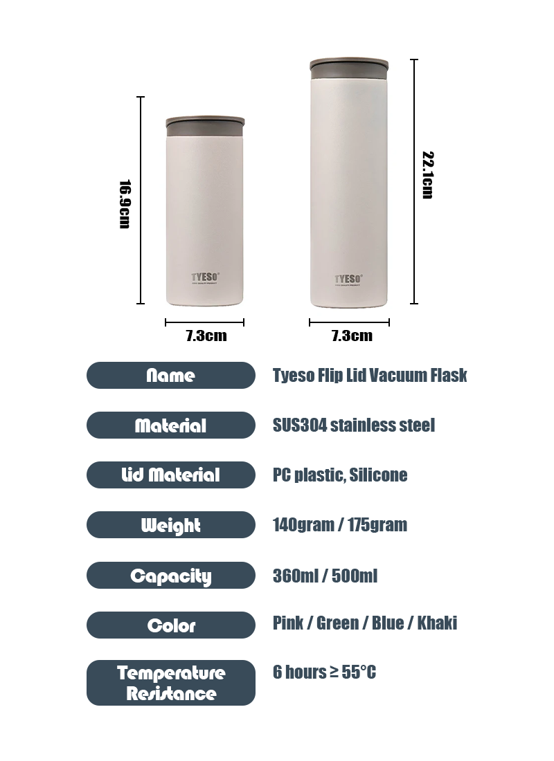 Tyeso Japanese Style Thermos Bottle 360/500ml 304 Stainless Steel Flask ...