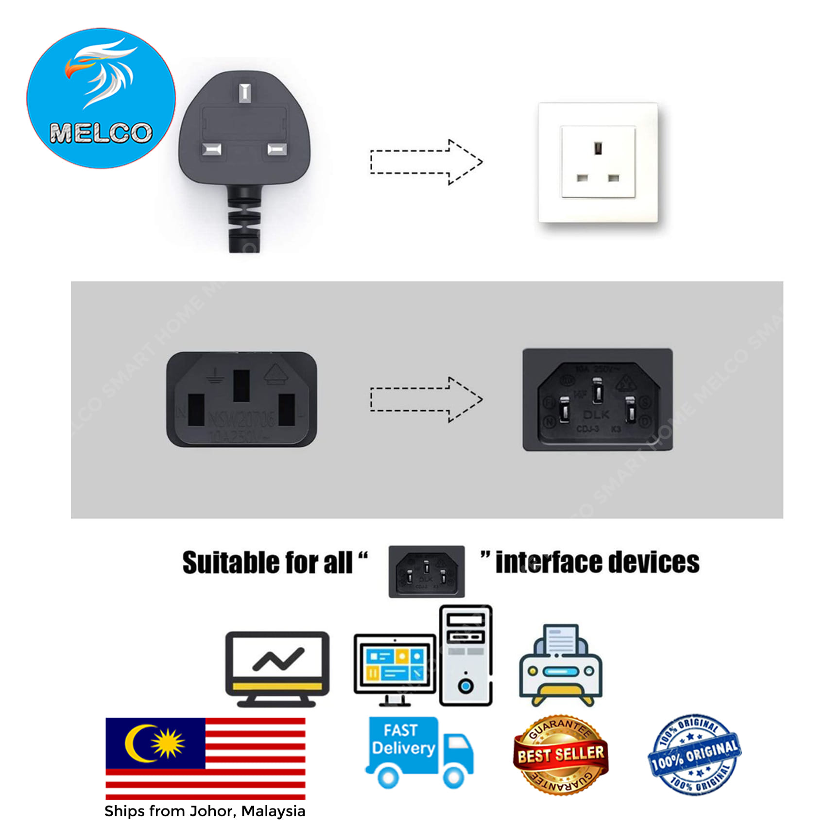 3pin plug AC Power Cord With 13A Fuse for PC Desktop Monitor Computer 1 ...