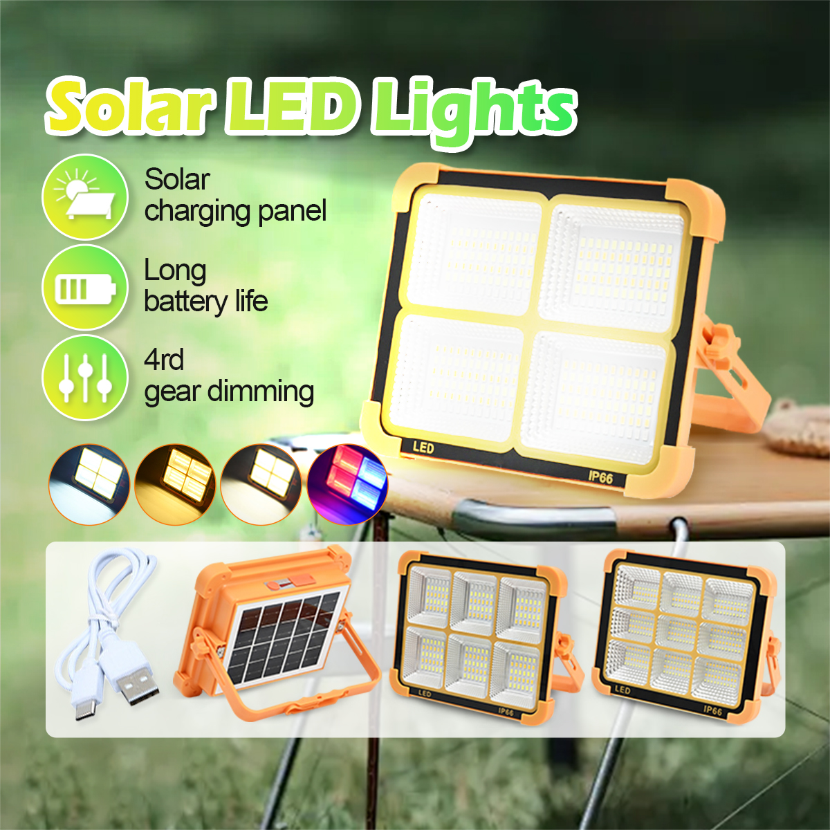 16H Battery life 288 LED's Solar Charge Outdoor Light USB Rechargeable