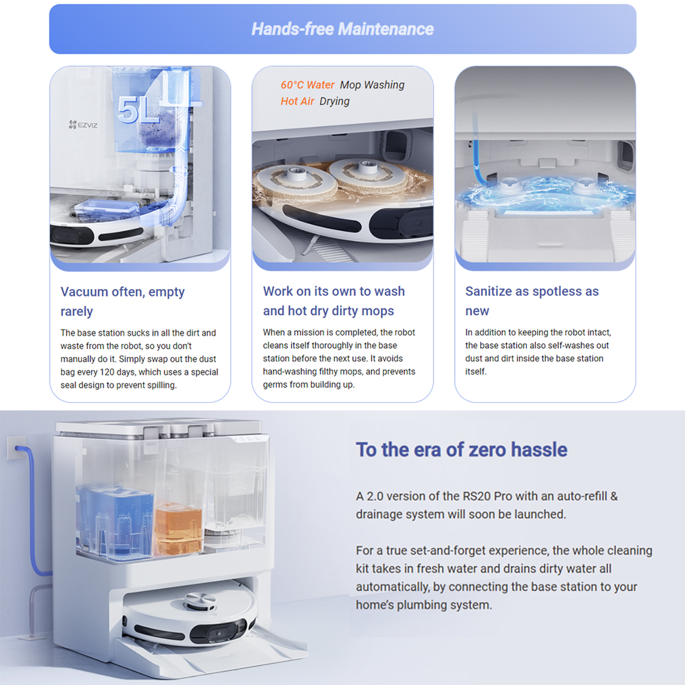 EZVIZ RS20 Pro Robot Vacuum & Mop Combo 7200 Pa Suction Power Automatic ...