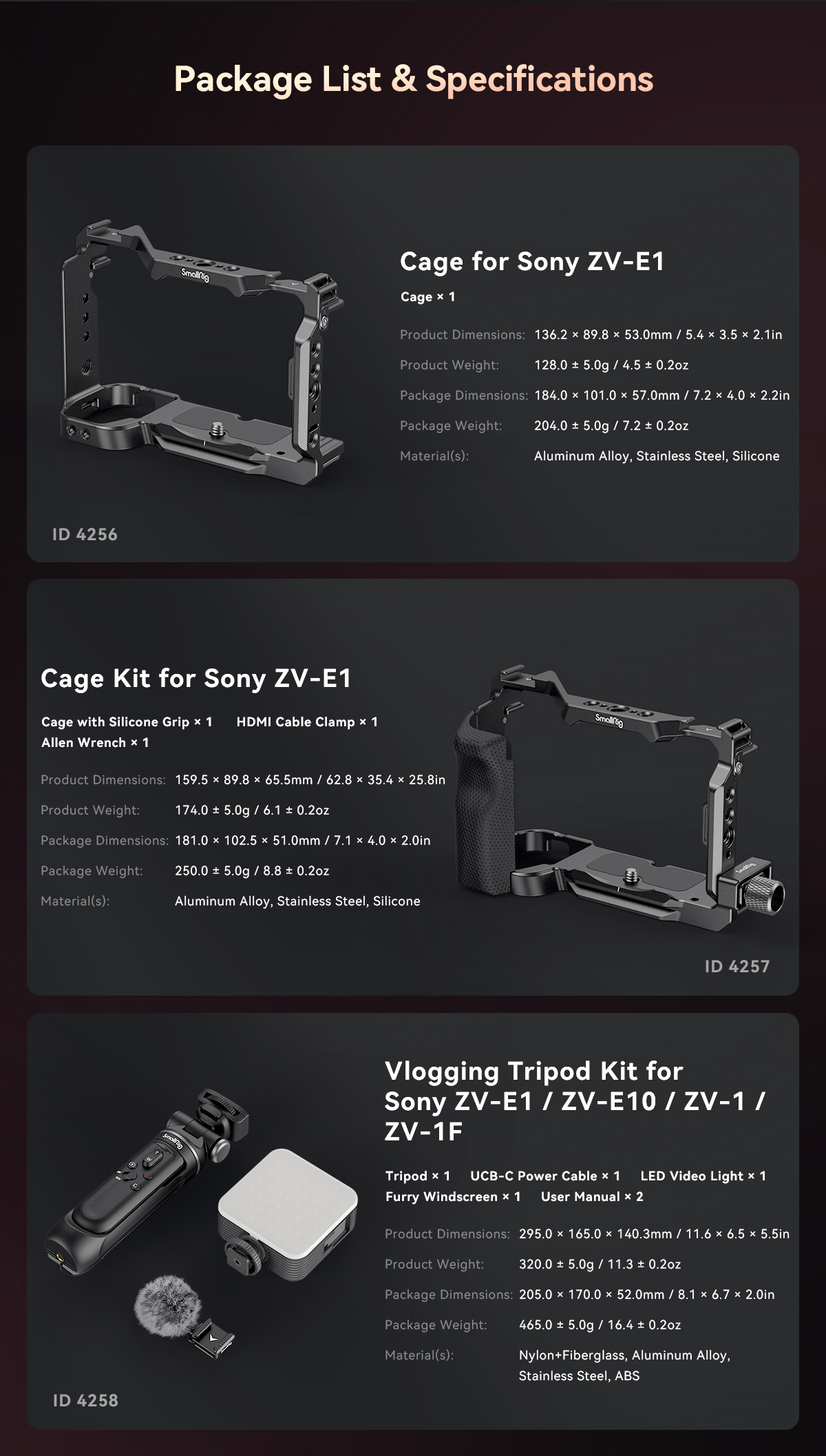 SmallRig 4258 Vlogging Tripod Kit for Sony ZV-E1 / ZV-E10 / ZV-1 / ZV ...