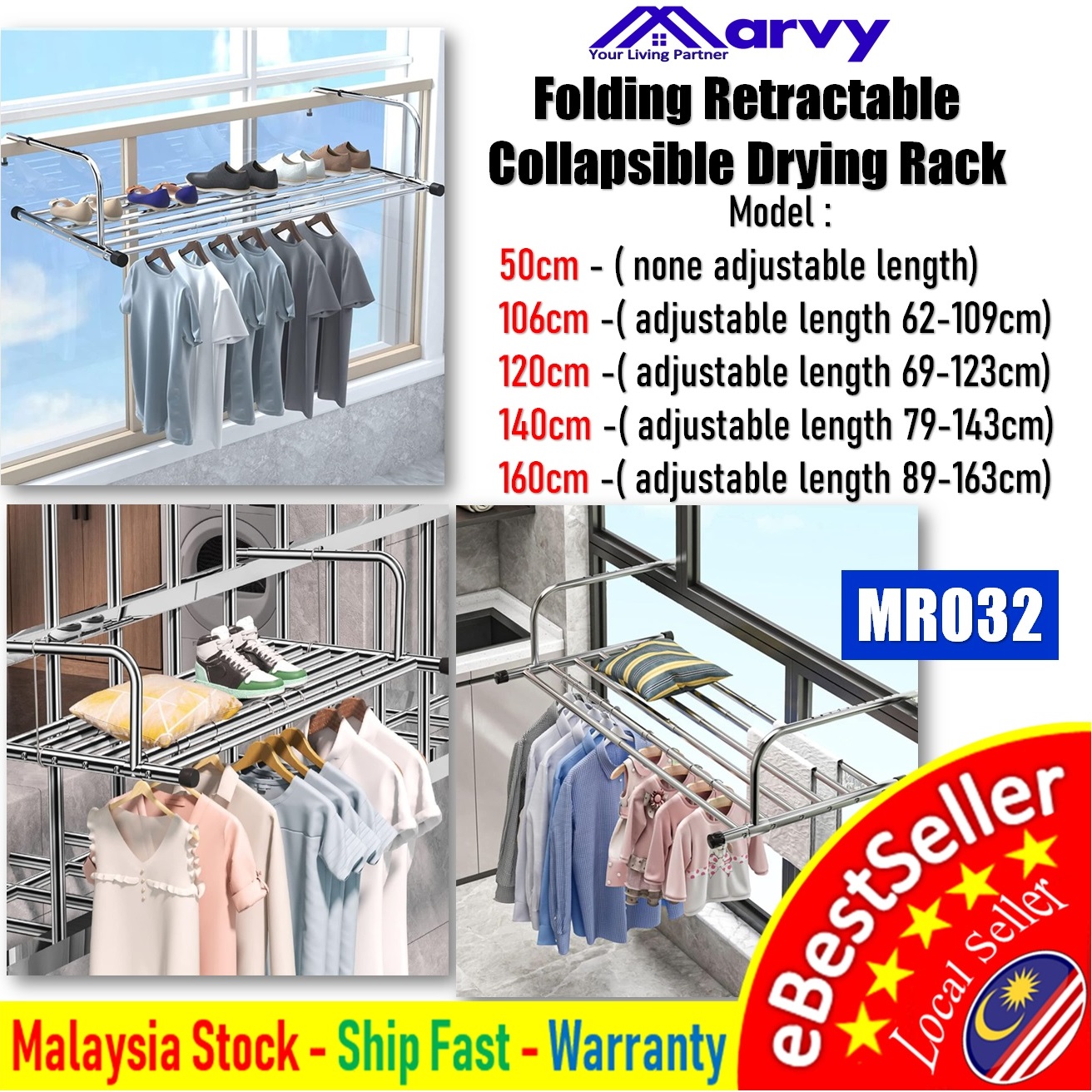 Folding Retractable Balcony Drying Rack, Stainless Steel Laundry ...