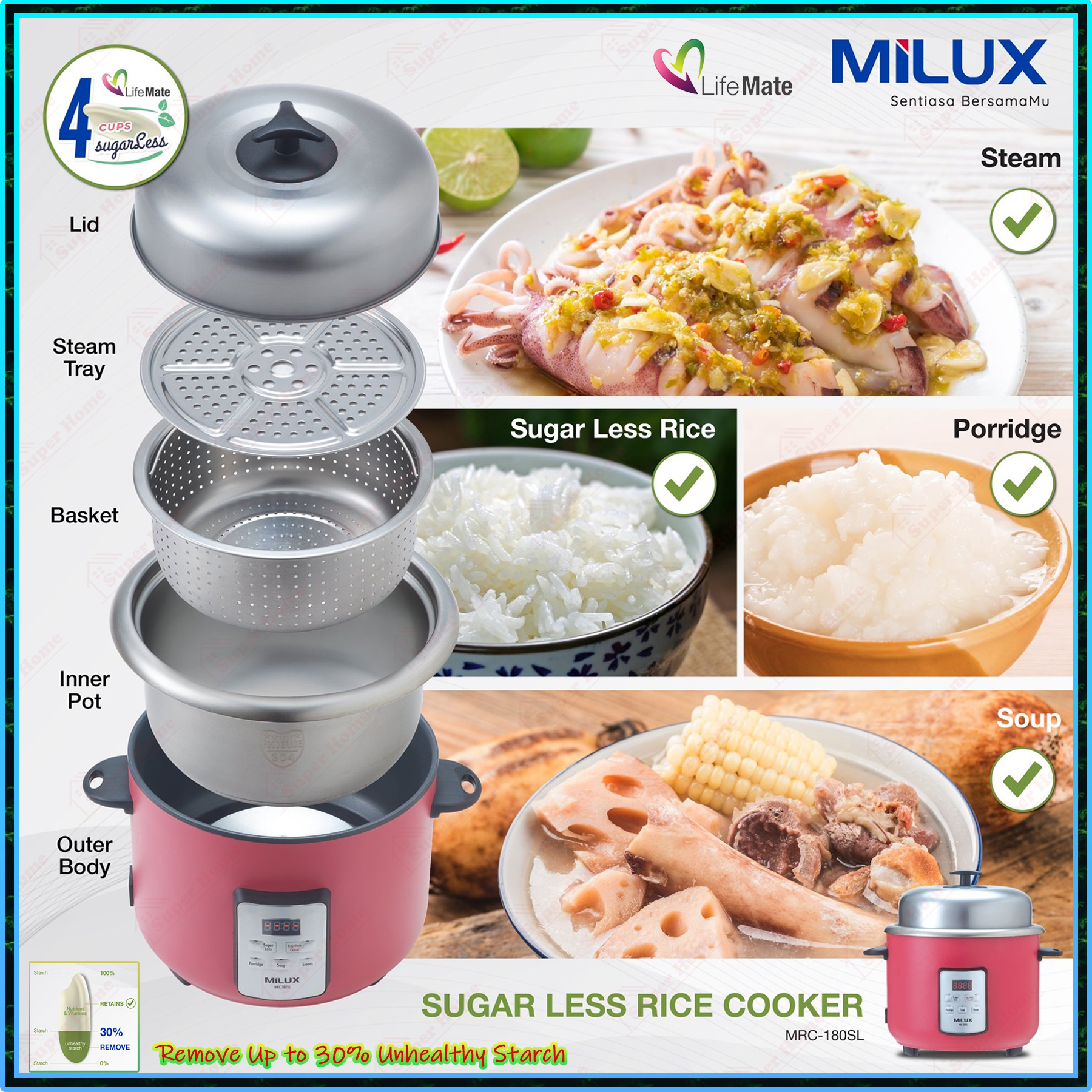 Milux Sugar Less Rice Cooker MRC-180SL 1.8L Multi-Function Rice Cooker ...