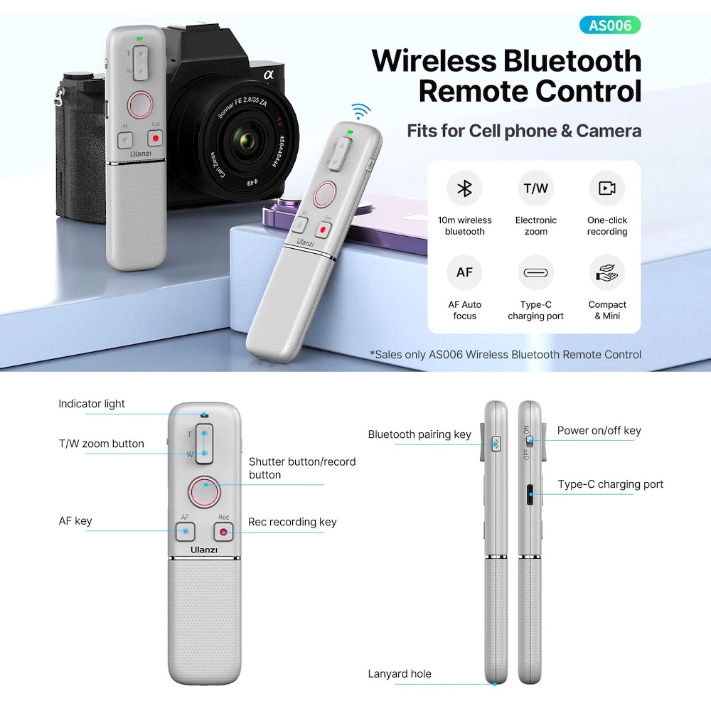 Ulanzi AS006 Wireless Bluetooth Remote Control for Sony A6400 ZV-E10 A7 ...