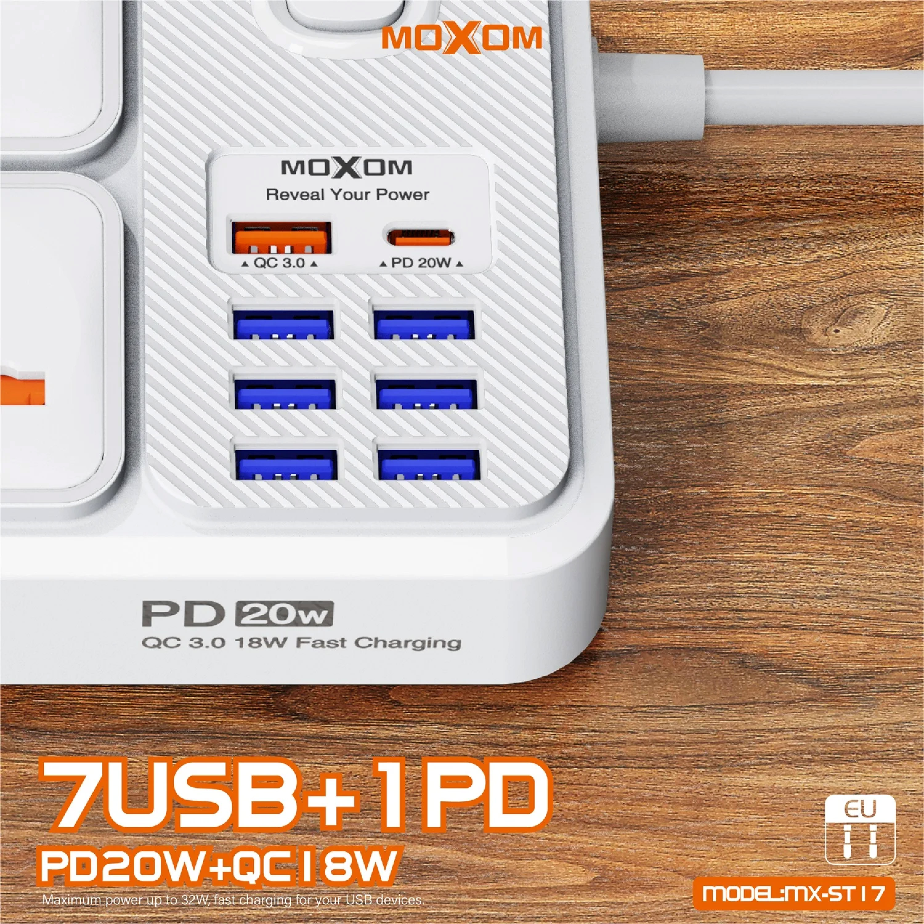 MOXOM MX-ST15 EXTENSION 4 POWER SOCKET + 7 USB + 1PD 20W USB C QC 18W ...