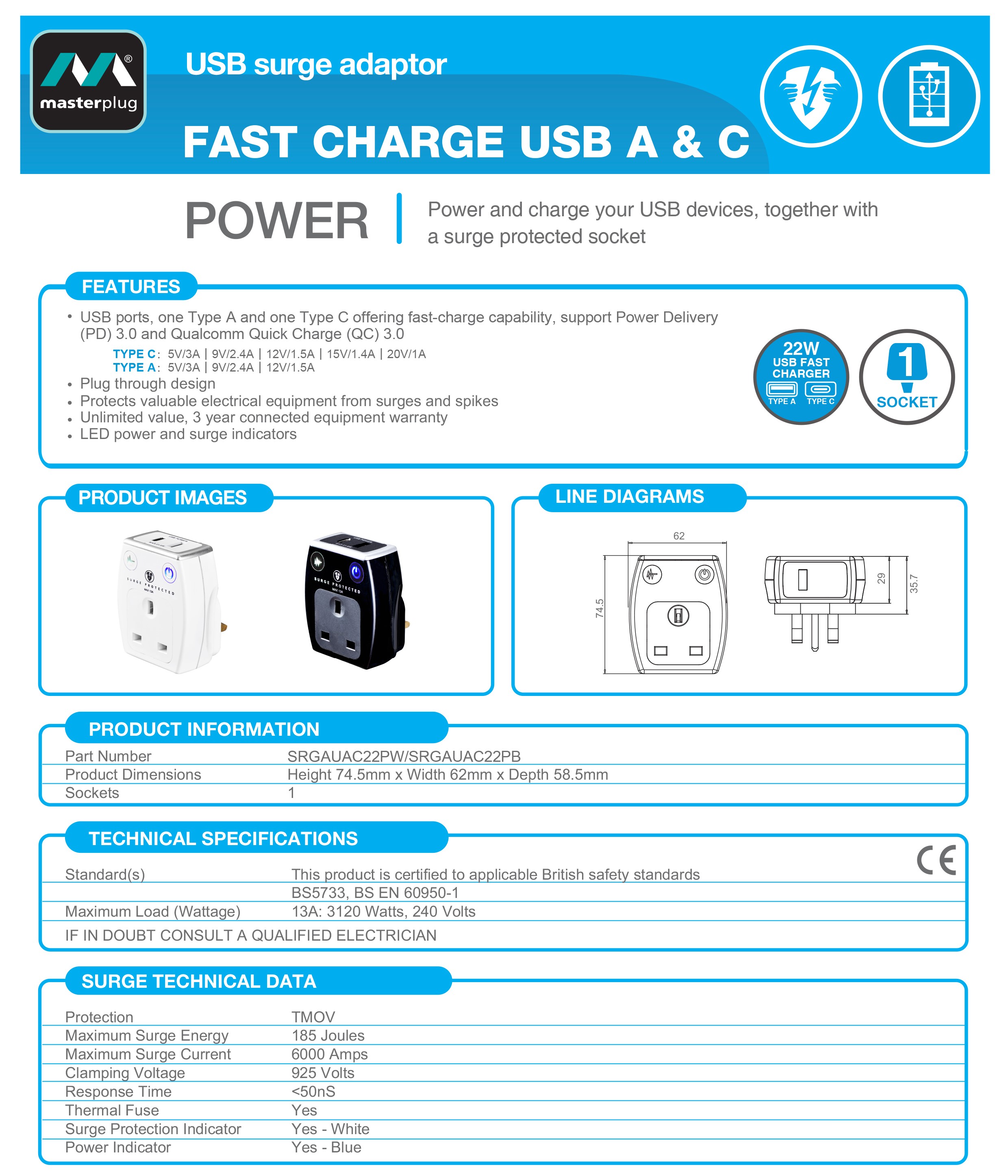 MASTERPLUG SRGAUAC22PB Surge Adapter with 1 Socket, USB A, Type-C Port ...