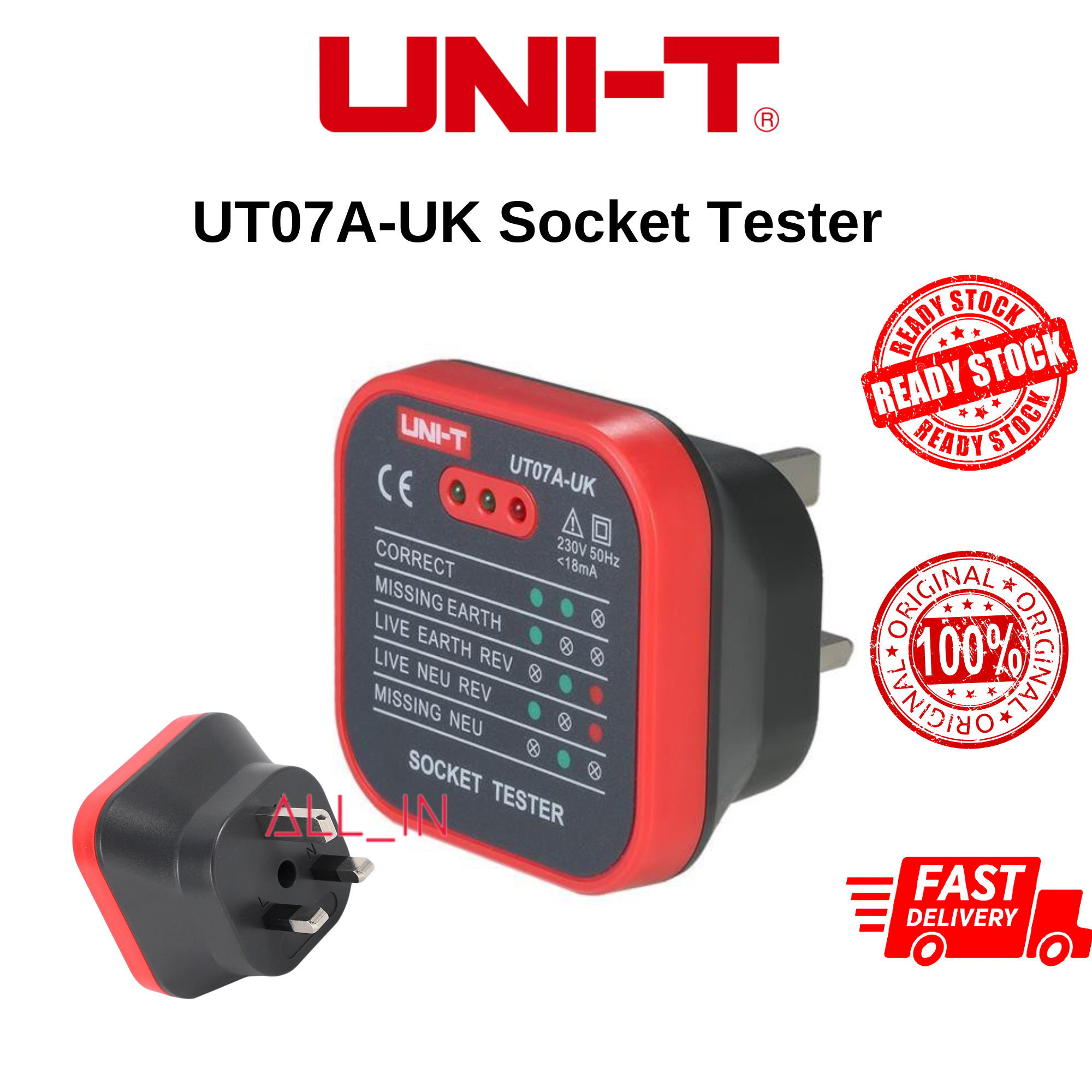 UNI-T UT07A SOCKET TESTER 230V 50-60HZ UK/HT107E DIGITAL SOCKET TESTER ...