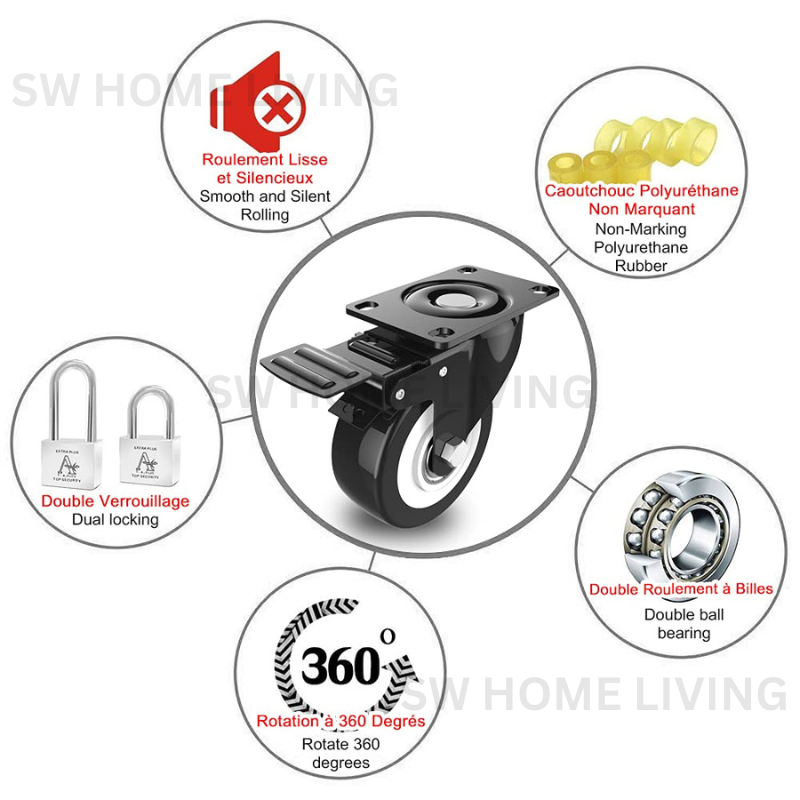 SW Roda Black PU Heavy Duty Swivel Rigid Brake Caster Roller Castor ...