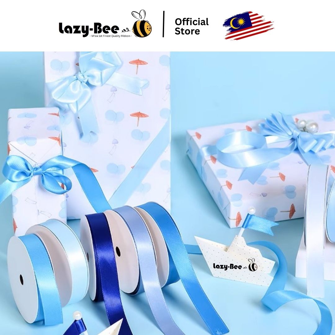 LIGHT BLUE BIRU 5 meter 2.5cm 3.8cm 5cm Double Faced Satin Ribbon DIY ...