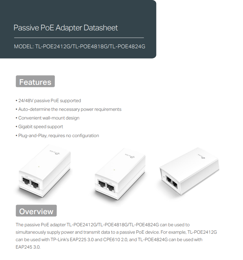TP-LINK Tplink 24V 12W Passive PoE Injector Adapter RJ45 LAN Gigabit ...