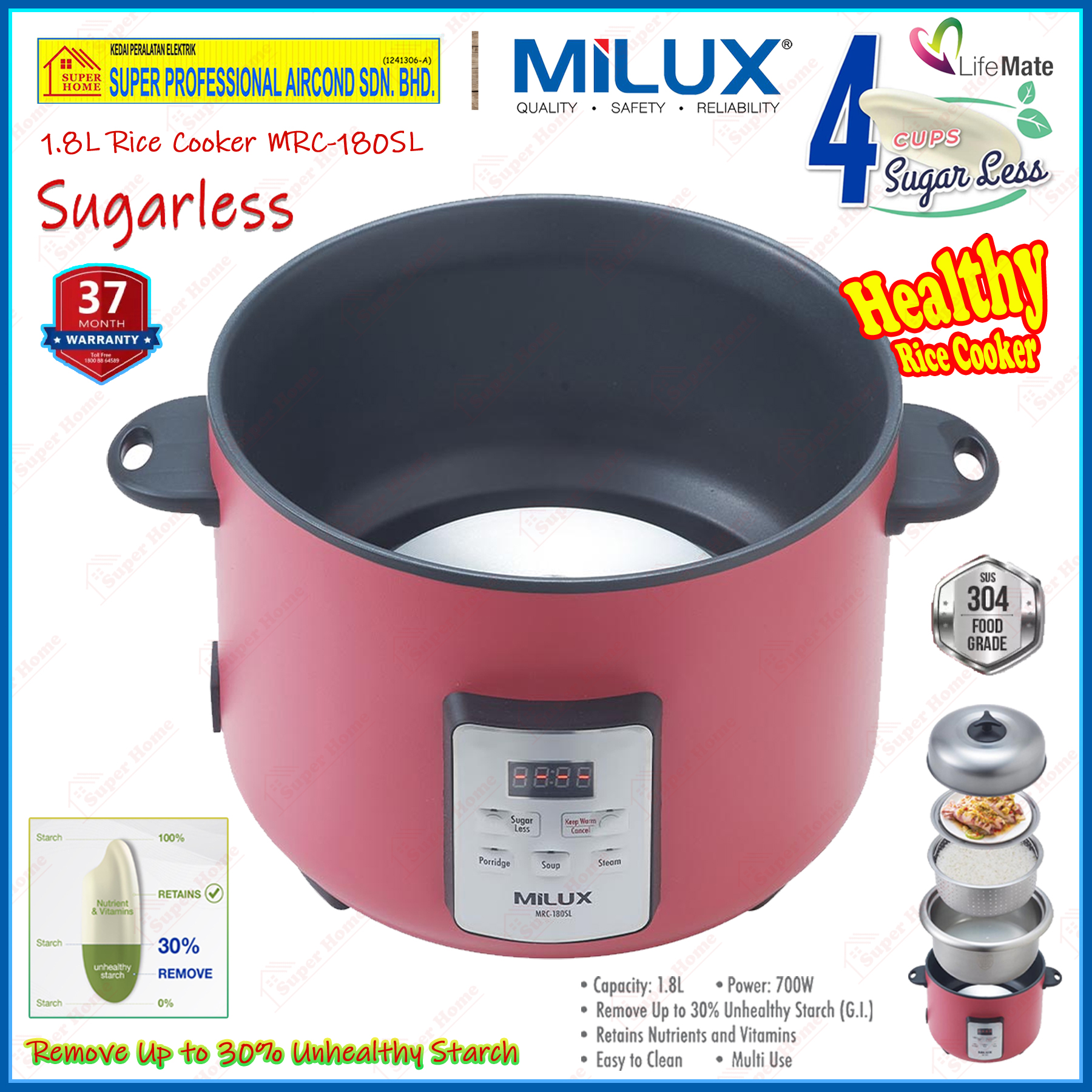 Milux Sugar Less Rice Cooker MRC-180SL 1.8L Multi-Function Rice Cooker ...
