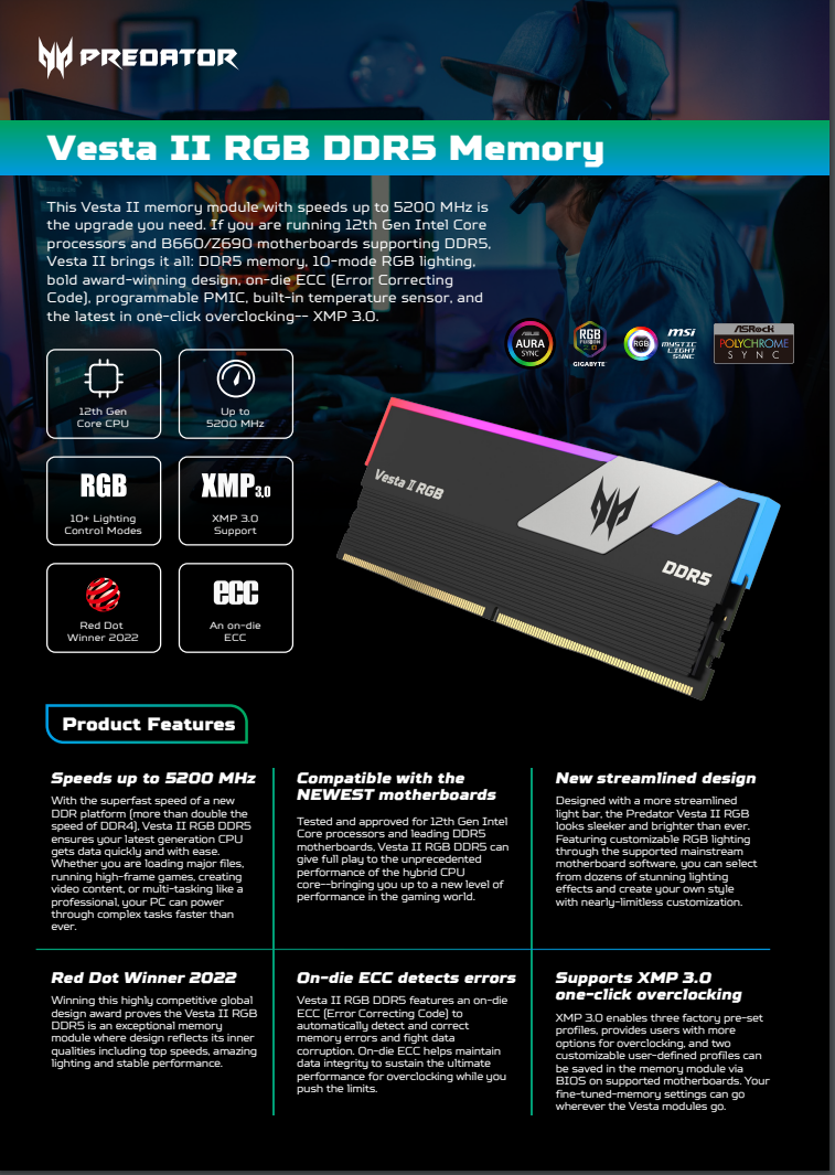 ACER PREDATOR VESTA II RGB DDR5 RAM 32GB (16*2) 6000MHz/6600MHz