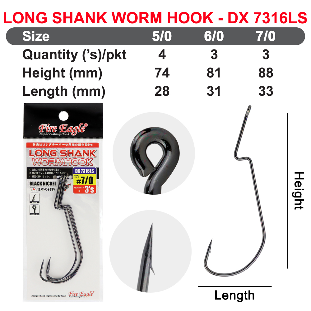 Fire Eagle Long Shank Worm Hook DX7316LS Fishing Hook Matakail