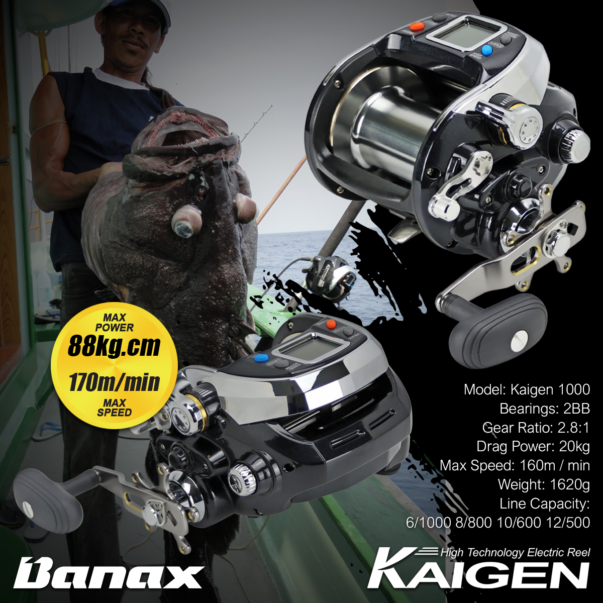 Banax Kaigen 1000 Electric Fishing Reel Max Drag (20kg) Trolling, Jigging &  Game fishing