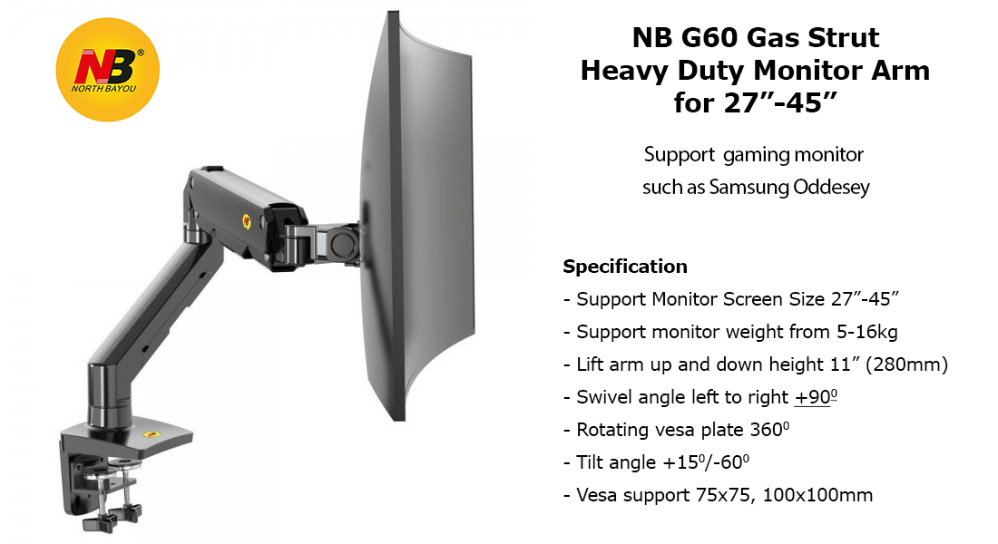Braccio Per Monitor NB North Bayou - Supporto A Molla A Gas Per Schermi 27-45 Pollici Fino A 15 Kg, Regolabile, Con Base A Pinza