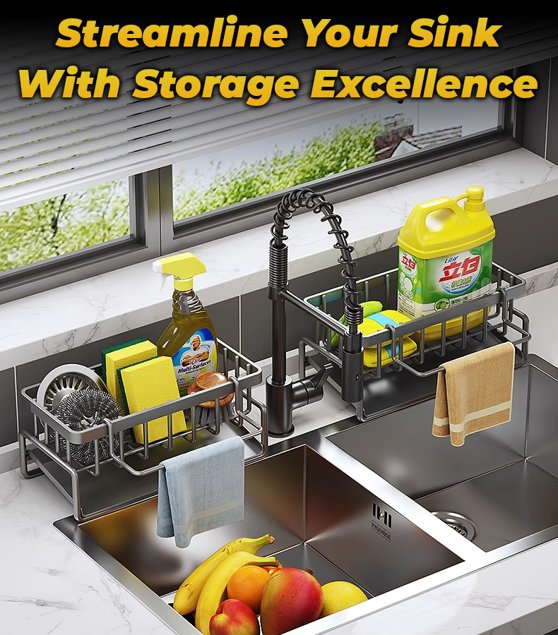 Stainless Steel Sink Storage Sponge Rack With Detachable Towel Rod ...