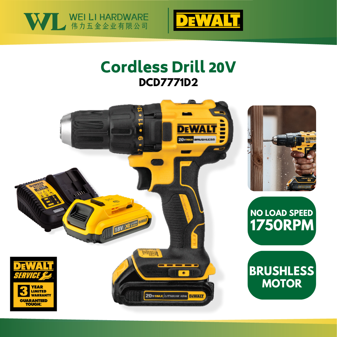 DEWALT DCD7771D2 18V XR Brushless Cordless Compact Drill Driver DCD777 ...
