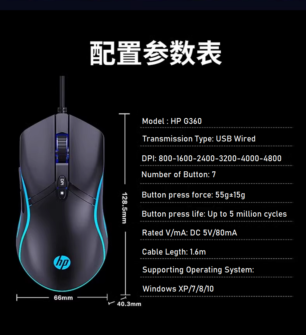 HP G360 4800 DPI WIRED USB GAMING MOUSE WITH RGB LIGHT, 6 DPI