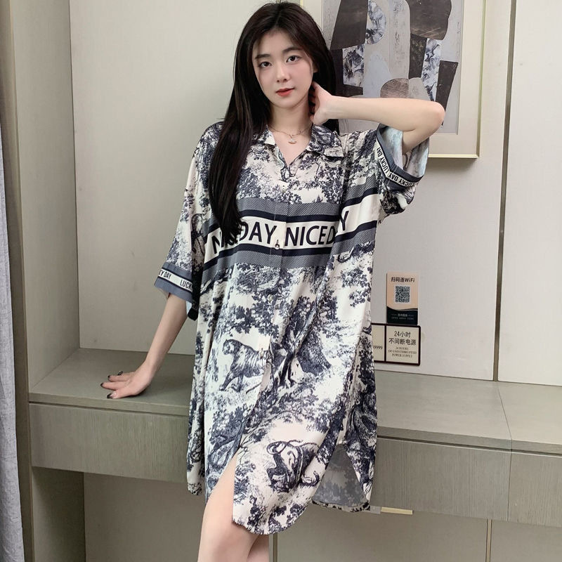 Women Plus Size Nightdress Korean Fashion Silk Satin Loose Night Dress Female Short Sleeve Homewear Pyjamas Sleepwear Shopee Malaysia