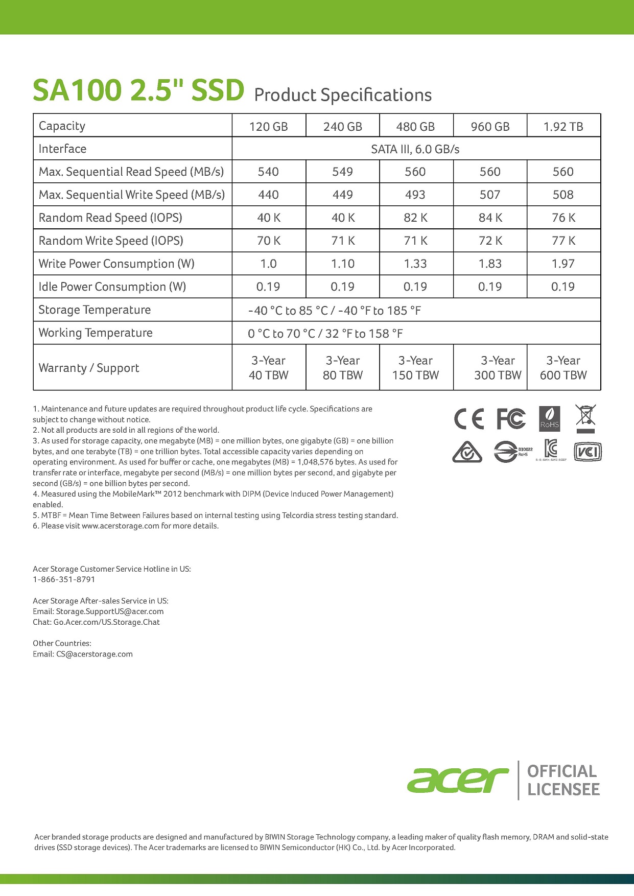 Acer SA100 SATA III 960 Go 2,5" SSD - Lecture Jusqu'à 560 Mo/s
