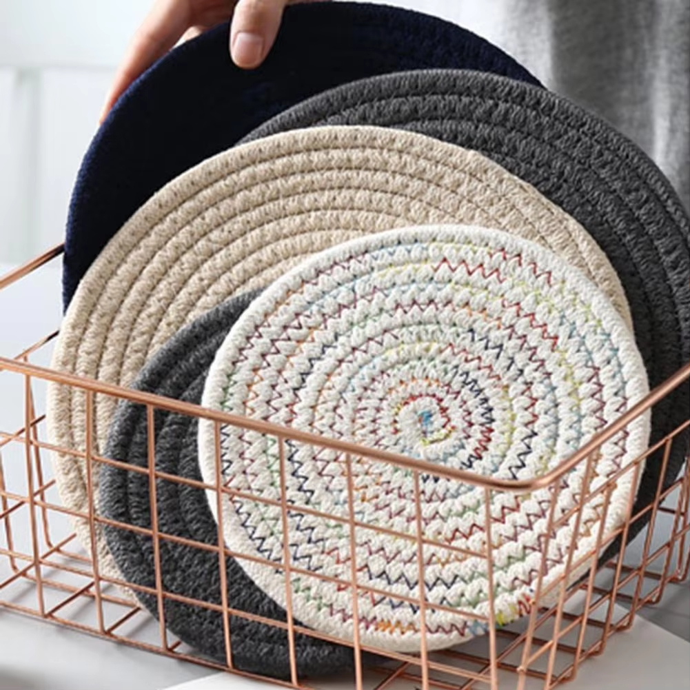 Soft Cotton Yarn Woven Placemat Coaster Set Round Heat-Resistant Water ...