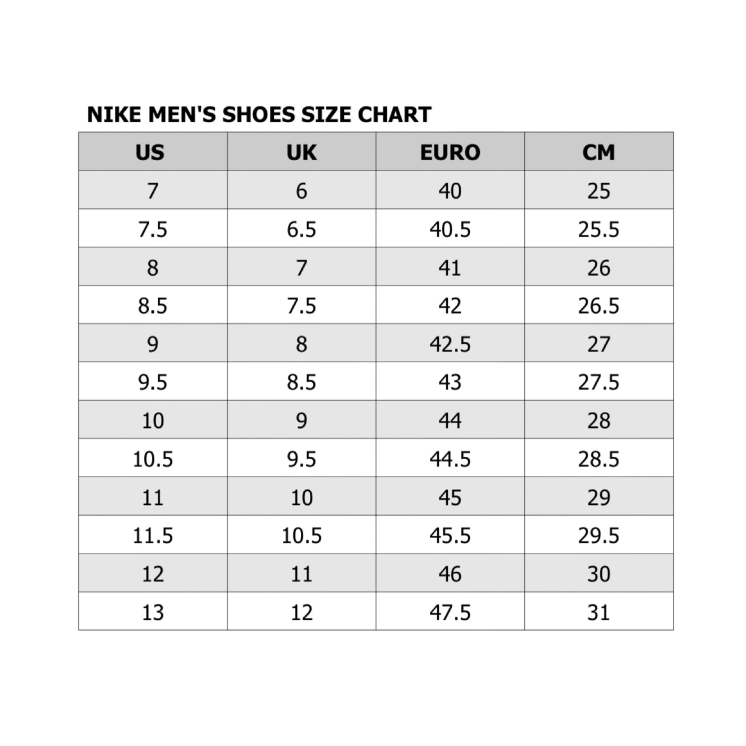 Nike soccer shoes hot sale size chart