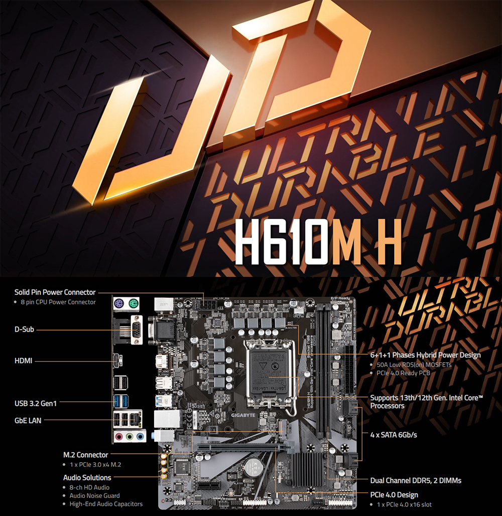 Gigabyte H610M H DDR5 Intel LGA1700 H610 Micro-ATX Motherboard Supports ...